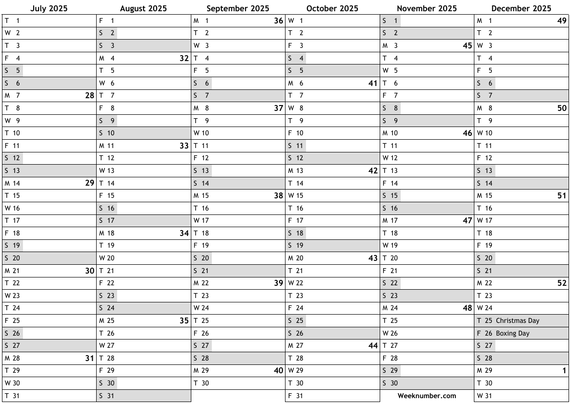 2025 calendar, 2nd half