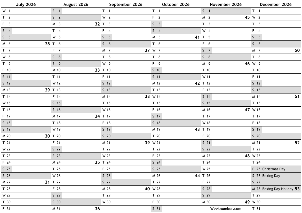 2026 calendar, 2nd half