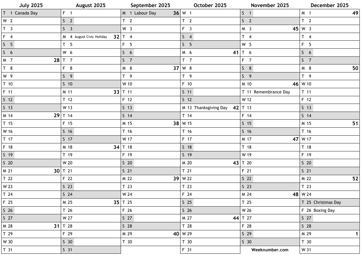 2025 calendar, 2nd half