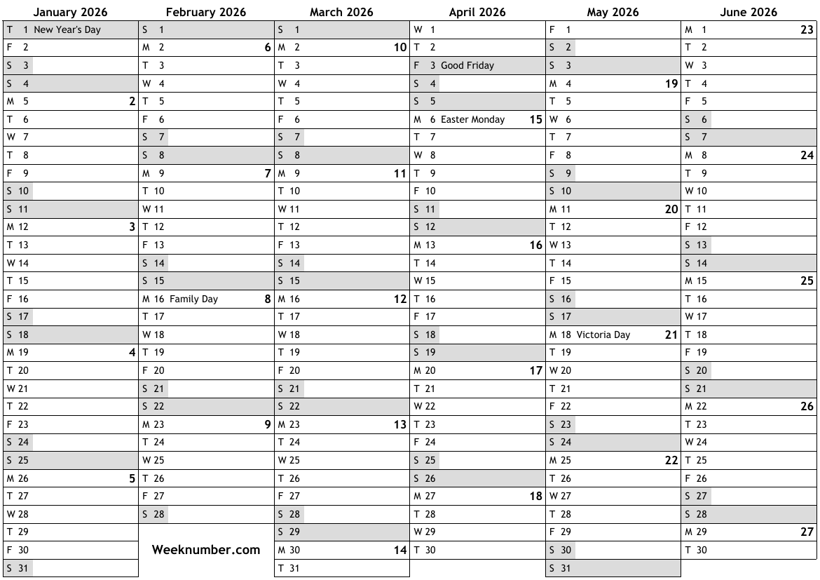 2026 calendar with week numbers and holidays for Canada … official