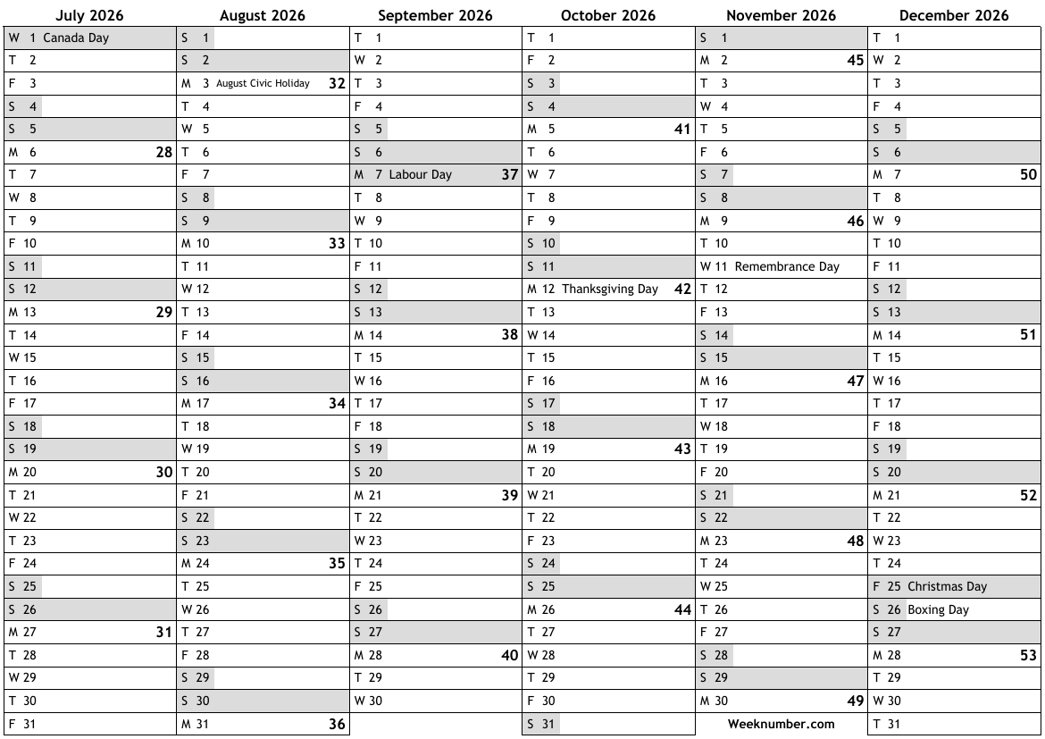 2026 calendar, 2nd half