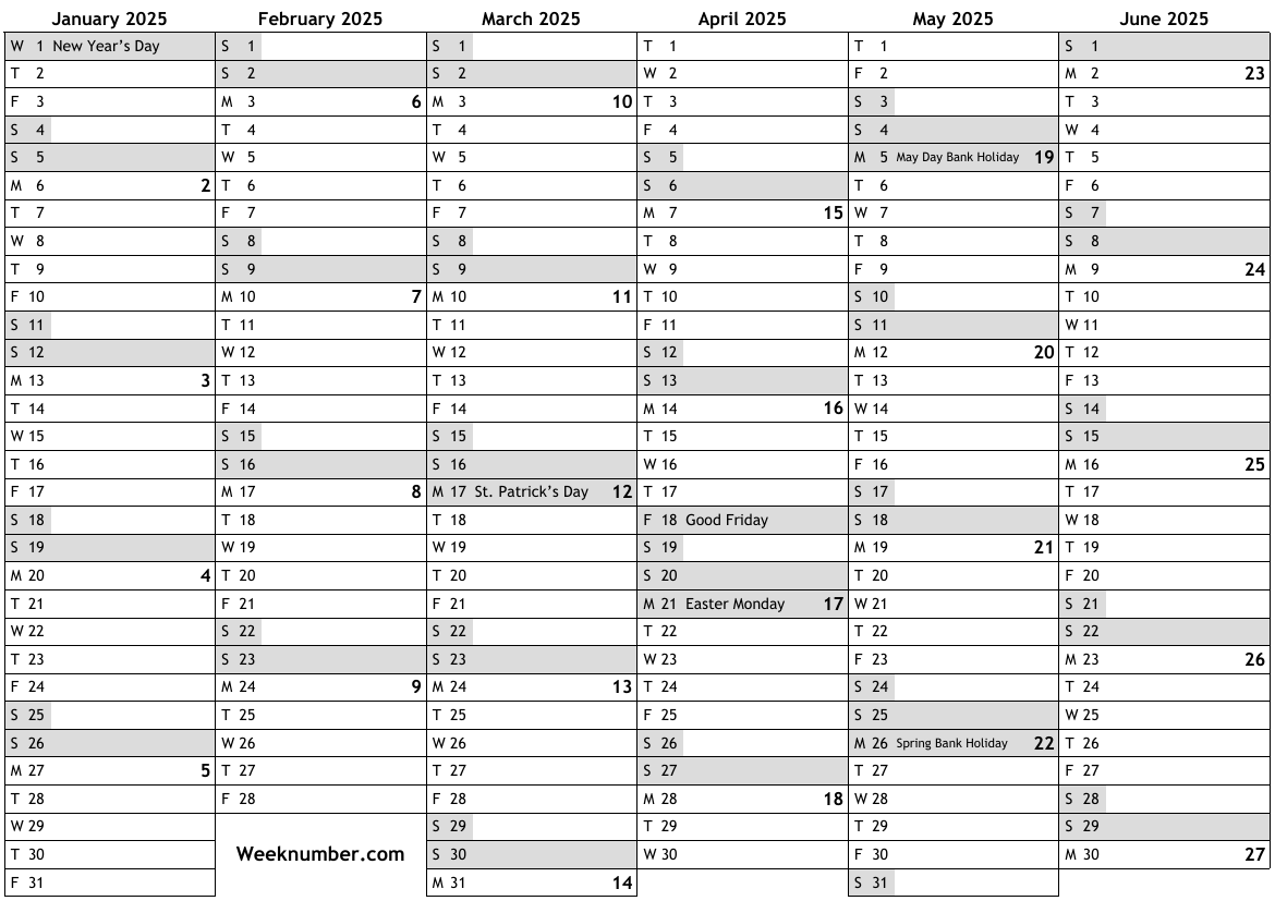 2025 calendar with week numbers and holidays for Northern Ireland