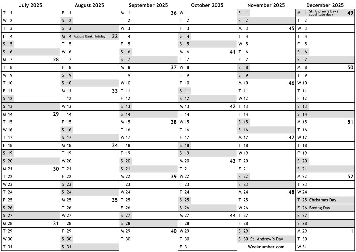 2025 calendar, 2nd half