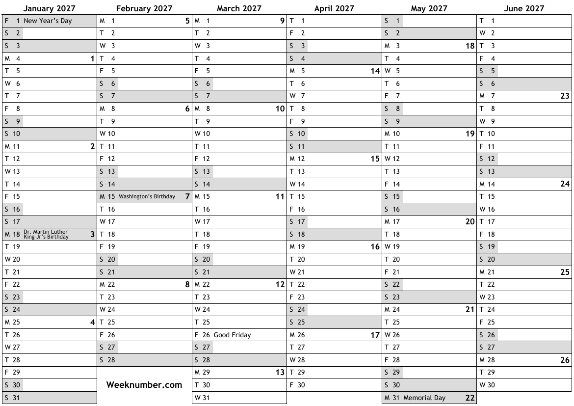 2027 Calendar With Week Numbers And Holidays For United States 